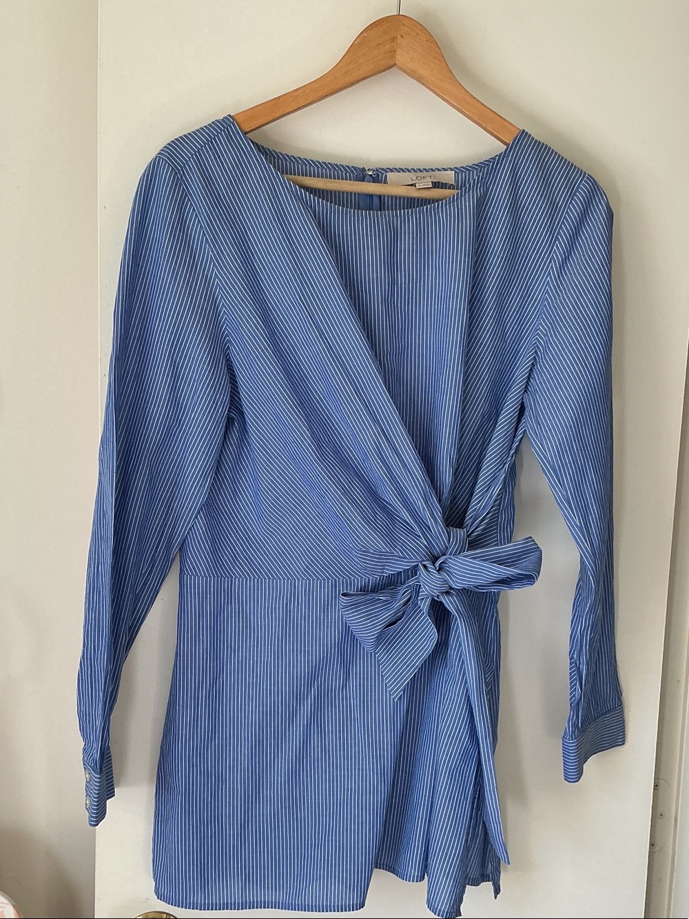 LOFT Blue Pinstripe Wrap Tunic with Side Tie